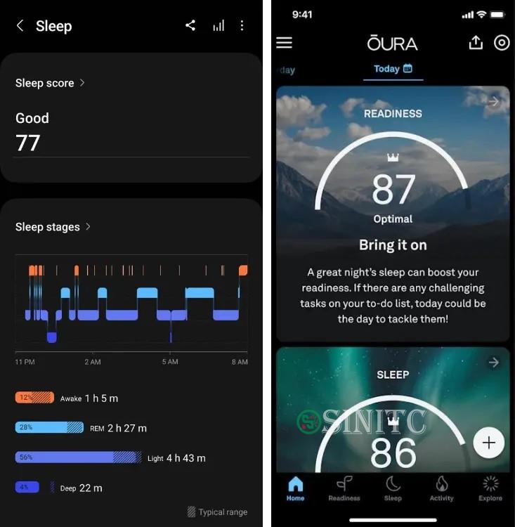 Ứng dụng Samsung Health (trái) và ứng dụng Oura (phải)