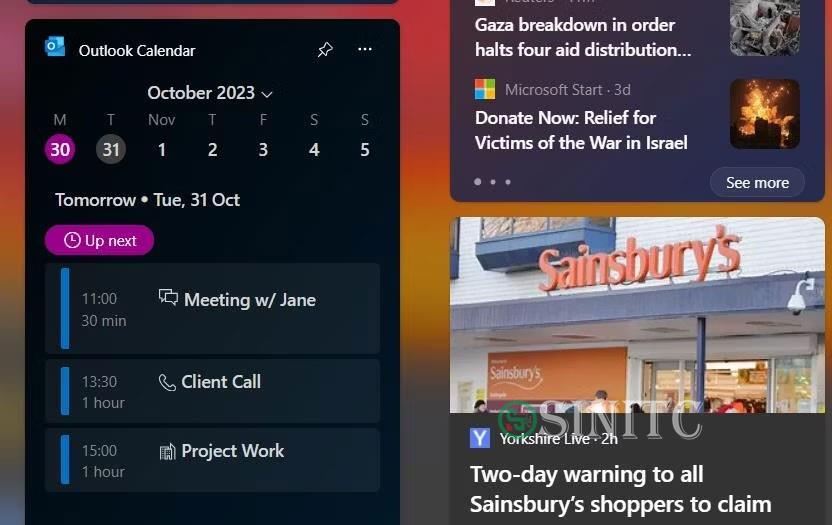 Widget năng suất Outlook Calendar trên Windows 11