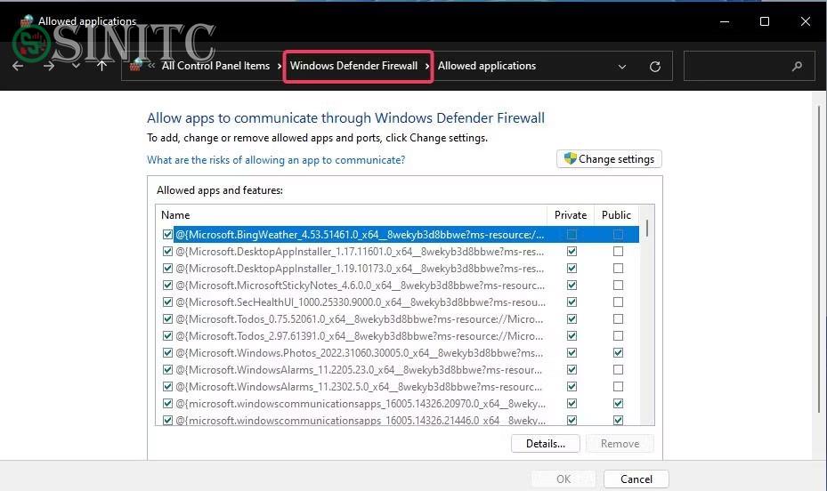 Danh sách ứng dụng được phép của ứng dụng Windows Defender Firewall