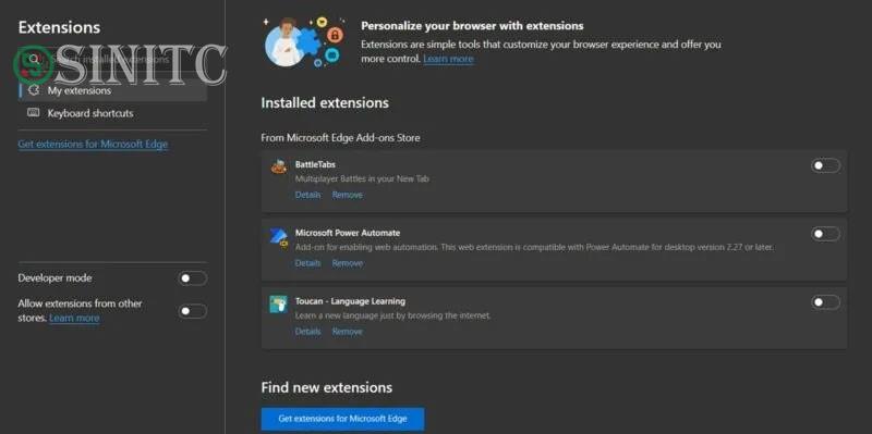 Vô hiệu hóa tiện ích mở rộng trong trình duyệt Microsoft Edge.