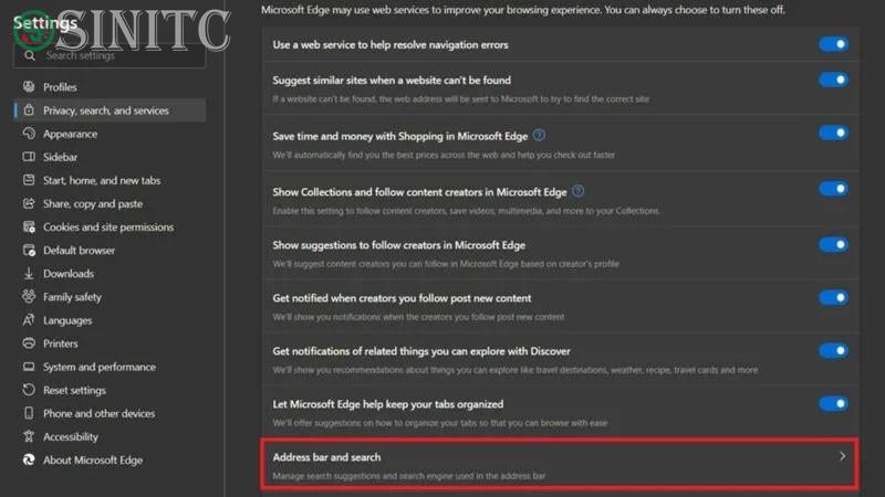 Nhấp vào tùy chọn Address bar and search trong cài đặt Microsoft Edge.