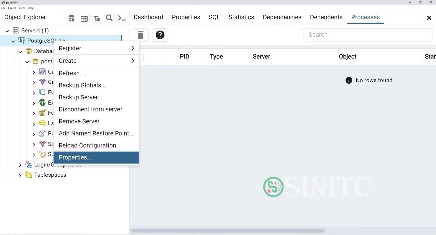 Menu drop-down máy chủ Postgres hiển thị tùy chọn thuộc tính