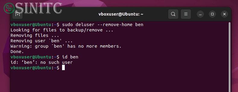 Ví dụ lệnh id trên Ubuntu không tìm thấy người dùng đã bị xóa