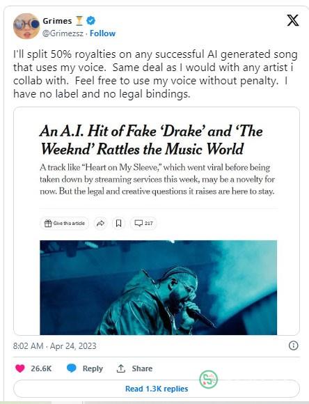 Grimes chấp nhận ý tưởng về việc tạo nhạc bằng AI, miễn là mình nhận được tiền bản quyền như bình thường