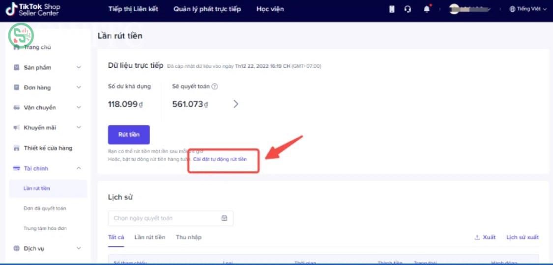 Rút tiền với TikTok Shop tự động