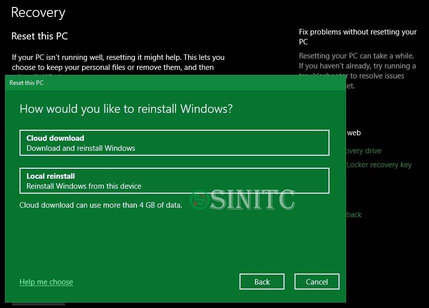 Tùy chọn Cloud Reinstall Windows 10