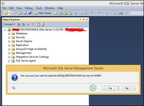 Hộp thoại khi chọn Stop bản cài SQL Server 