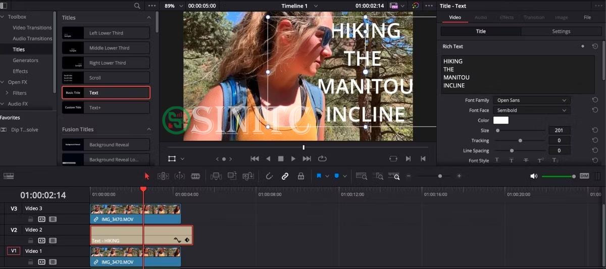 Tiêu đề xuất hiện trên DaVinci Resolve