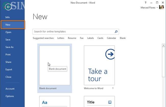 Chọn New, sau đó click chọn Blank document.