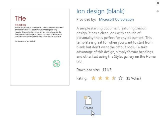 Click chọn Create để sử dụng Template đã chọn.