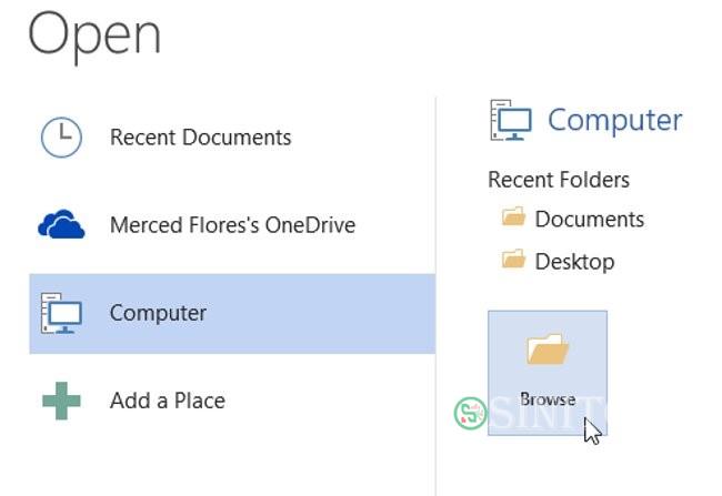 Chọn Computer, sau đó click chọn Browse. Hoặc bạn có thể lựa chọn OneDrive (trước đây gọi là SkyDrive) để mở tập tin đã lưu trữ trên OneDrive.