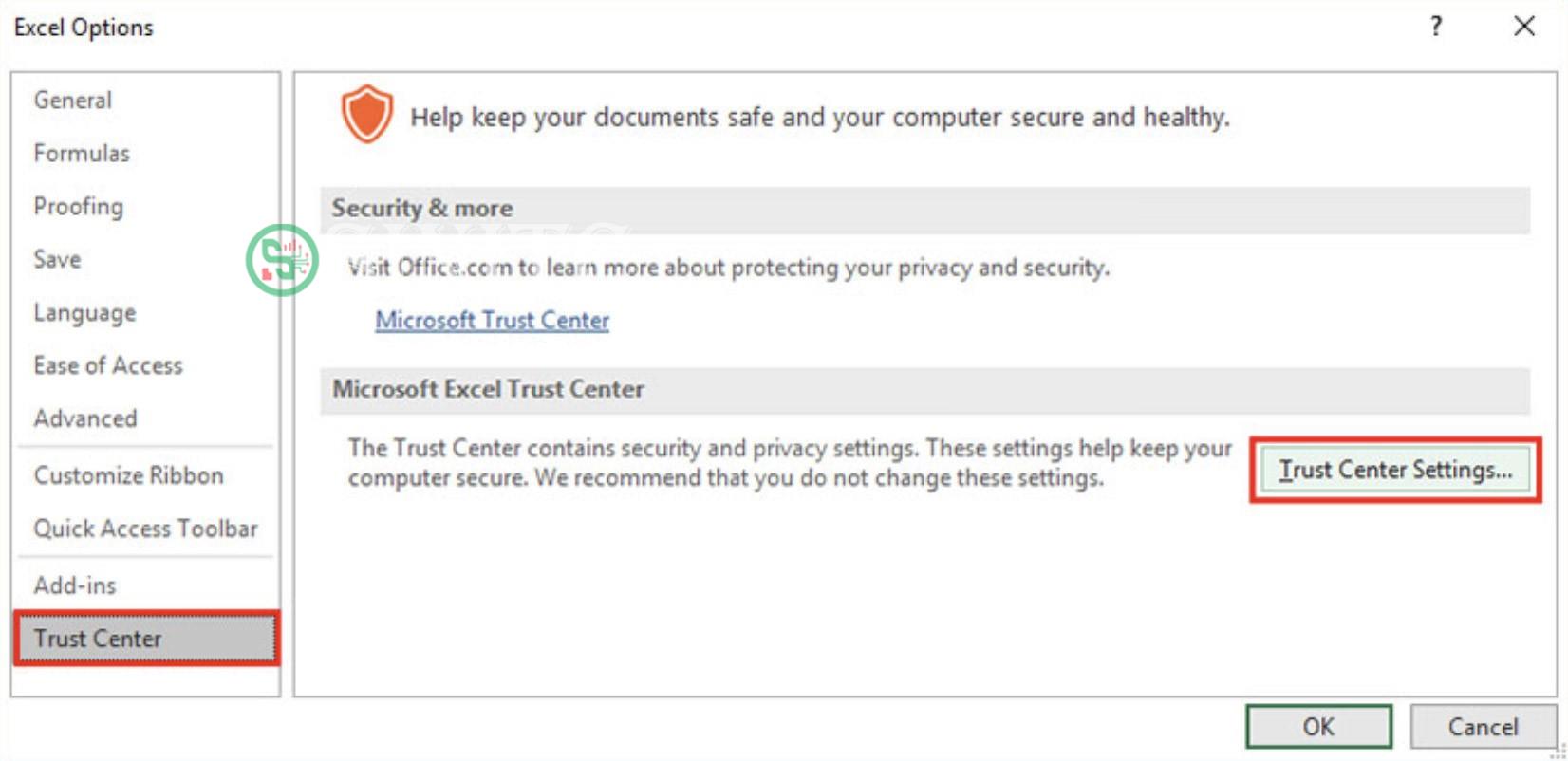 Nút Trust Center Settings