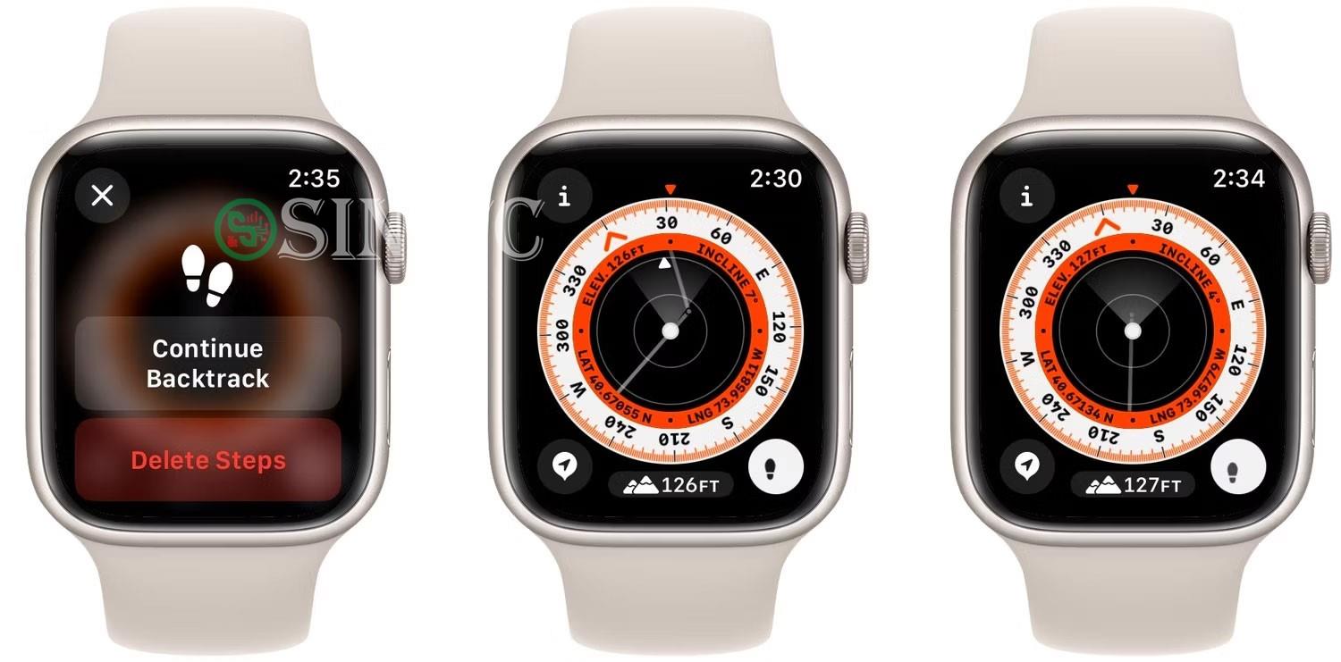 Ứng dụng Compass của Apple Watch hiển thị menu tạm dừng, tiến trình và kết thúc Backtrack