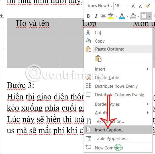 Chèn caption cho bảng Word