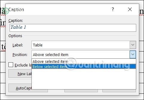 Chỉnh hiển thị caption cho bảng Word