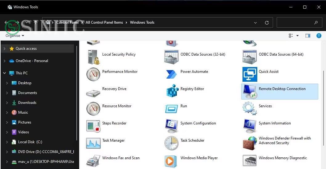 Ứng dụng Remote Desktop Connection trong thư mục Windows Tools