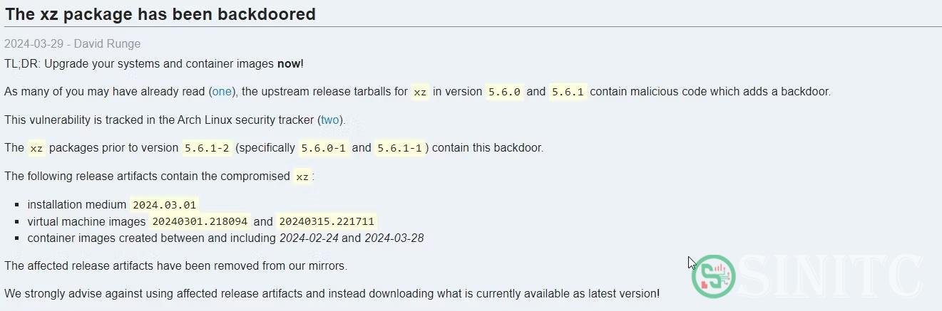 Trang web Arch Linux thông báo về backdoor XZ XUtils
