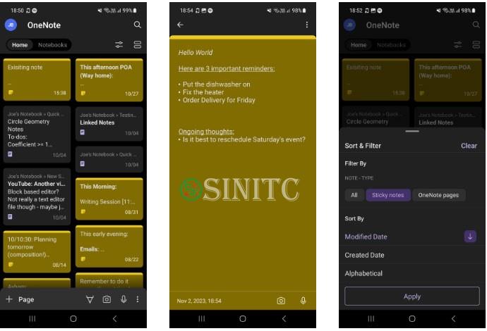 Danh sách Sticky Notes trong OneNote cho Android