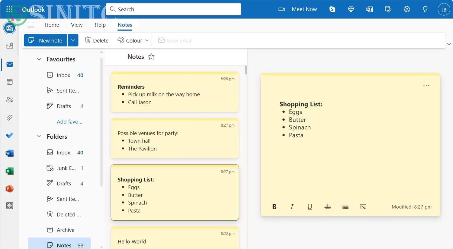 Sticky Notes Windows 11 trong Outlook Online