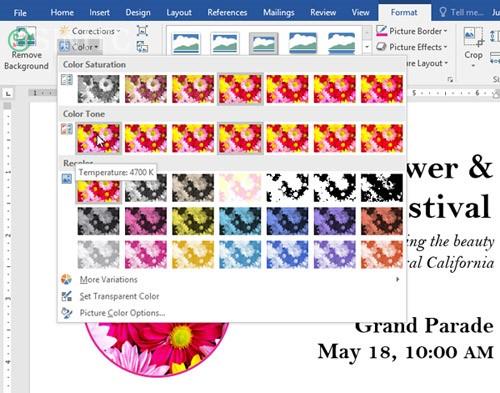 Các tùy chọn thay đổi màu sắc cho ảnh trong Word 2016