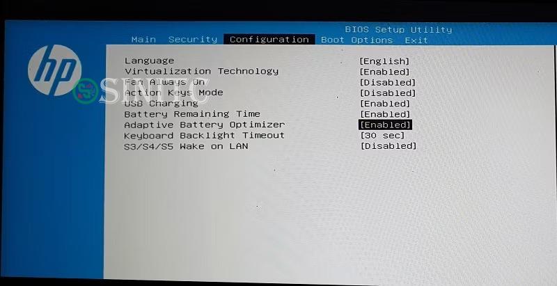 Bật cài đặt tối ưu hóa pin thích ứng trong BIOS của laptop HP.