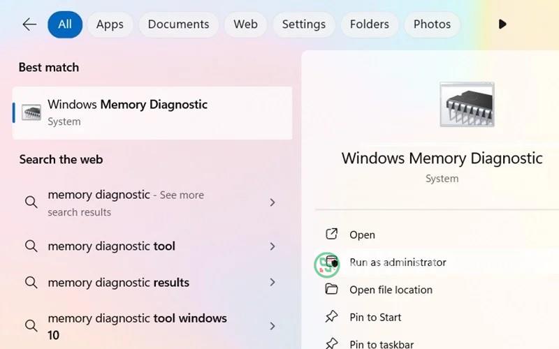 Mở Windows Memory Diagnostic từ menu tìm kiếm.