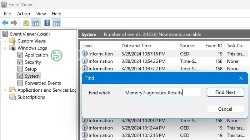 Chẩn đoán bộ nhớ Windows được thấy trong Event Viewer bằng cách sử dụng "MemoryDiagnostics-Results" trong tùy chọn Find.