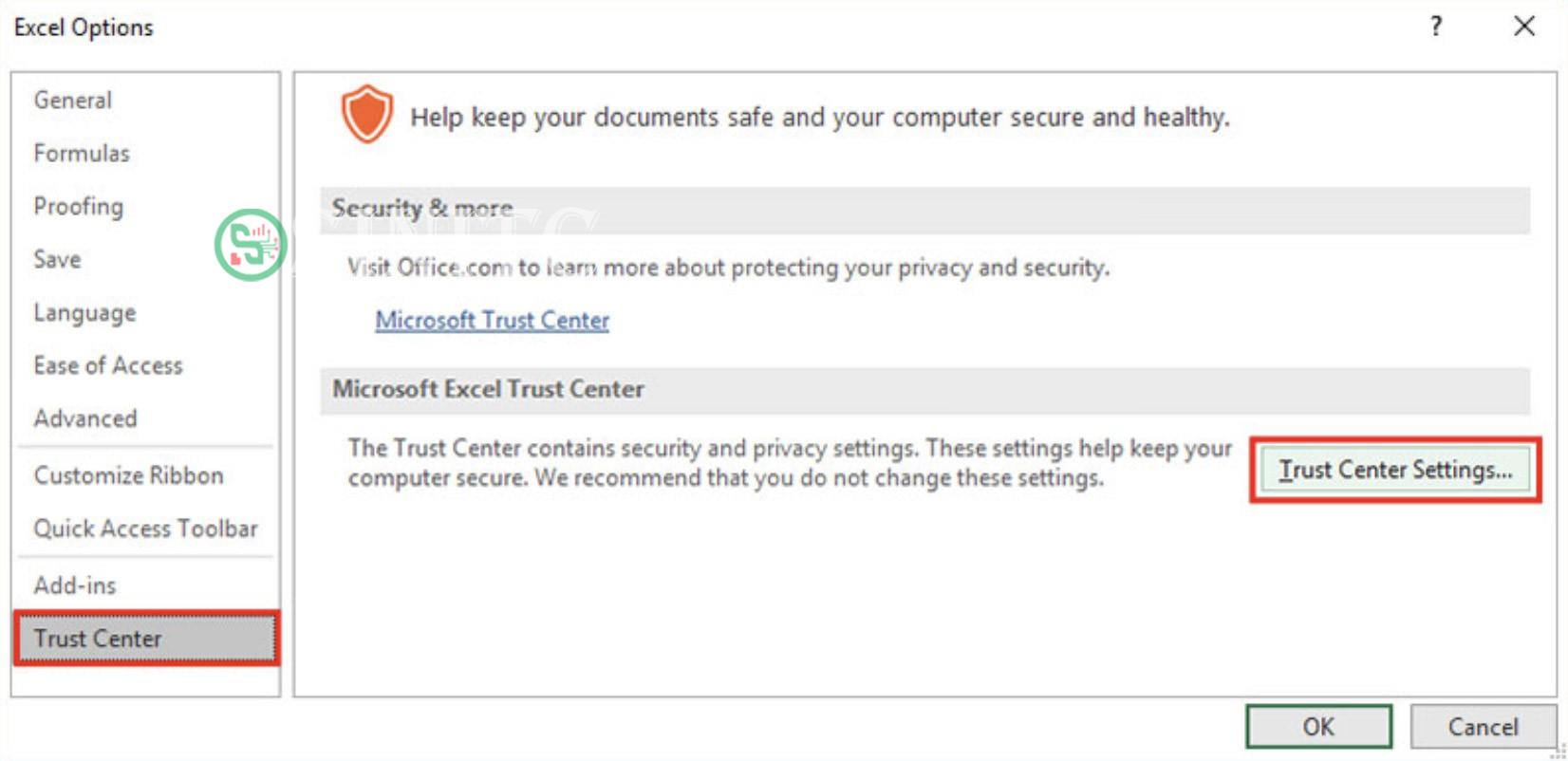 Nút Trust Center Settings