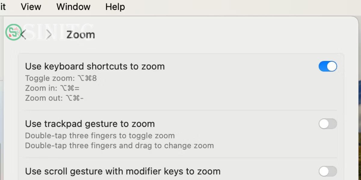 Phím tắt zoom trong cài đặt trợ năng của máy Mac