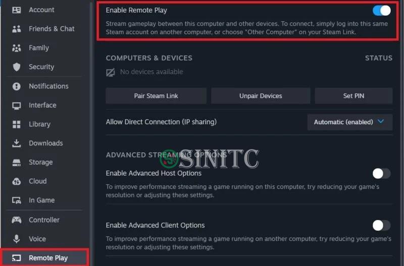 Bật Steam Remote Play trong cài đặt