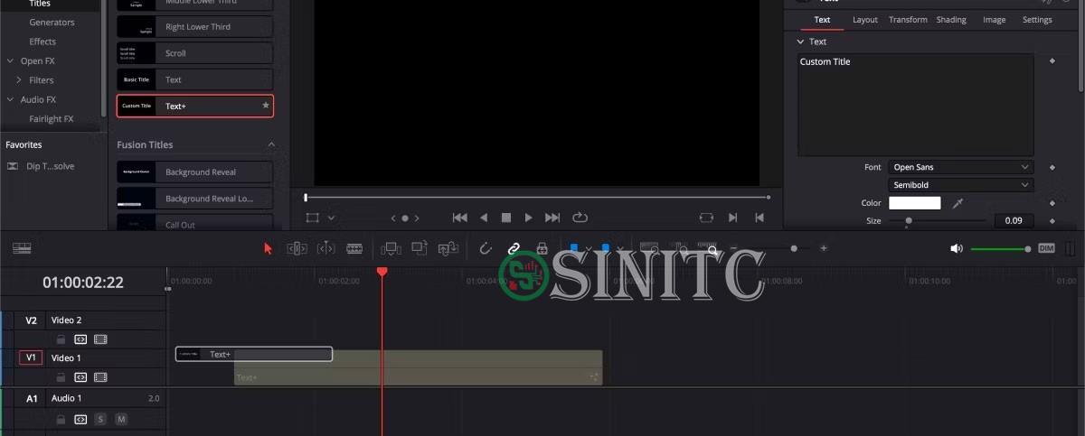 Trang Edit của DaVinci Resolve với hiệu ứng tiêu đề bị loại bỏ trong timeline