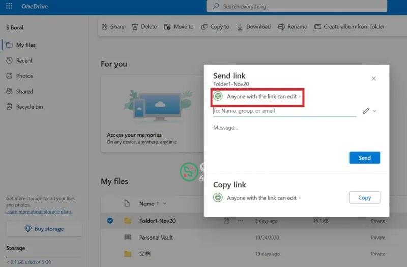 Chức năng Share OneDrive chỉ định bất kỳ ai có liên kết đều có thể chỉnh sửa.