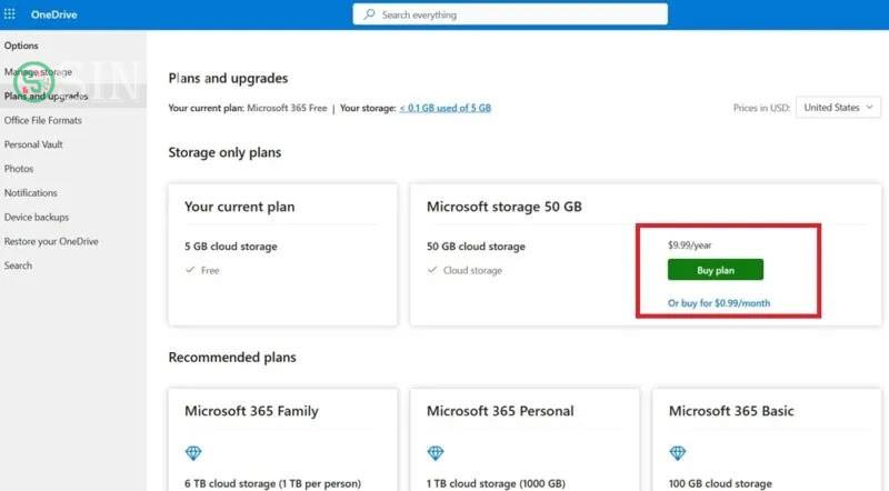 Chi phí giấy phép của OneDrive cho gói 50GB.