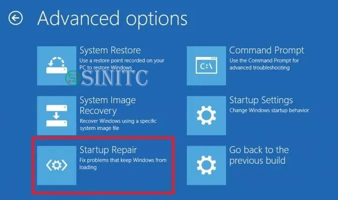 Nhấp vào tùy chọn "Startup Repair" trong Advanced Options trong môi trường Windows RE.