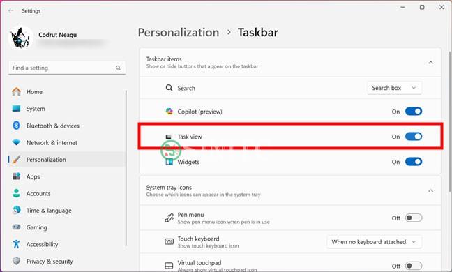 Bật nút Task View
