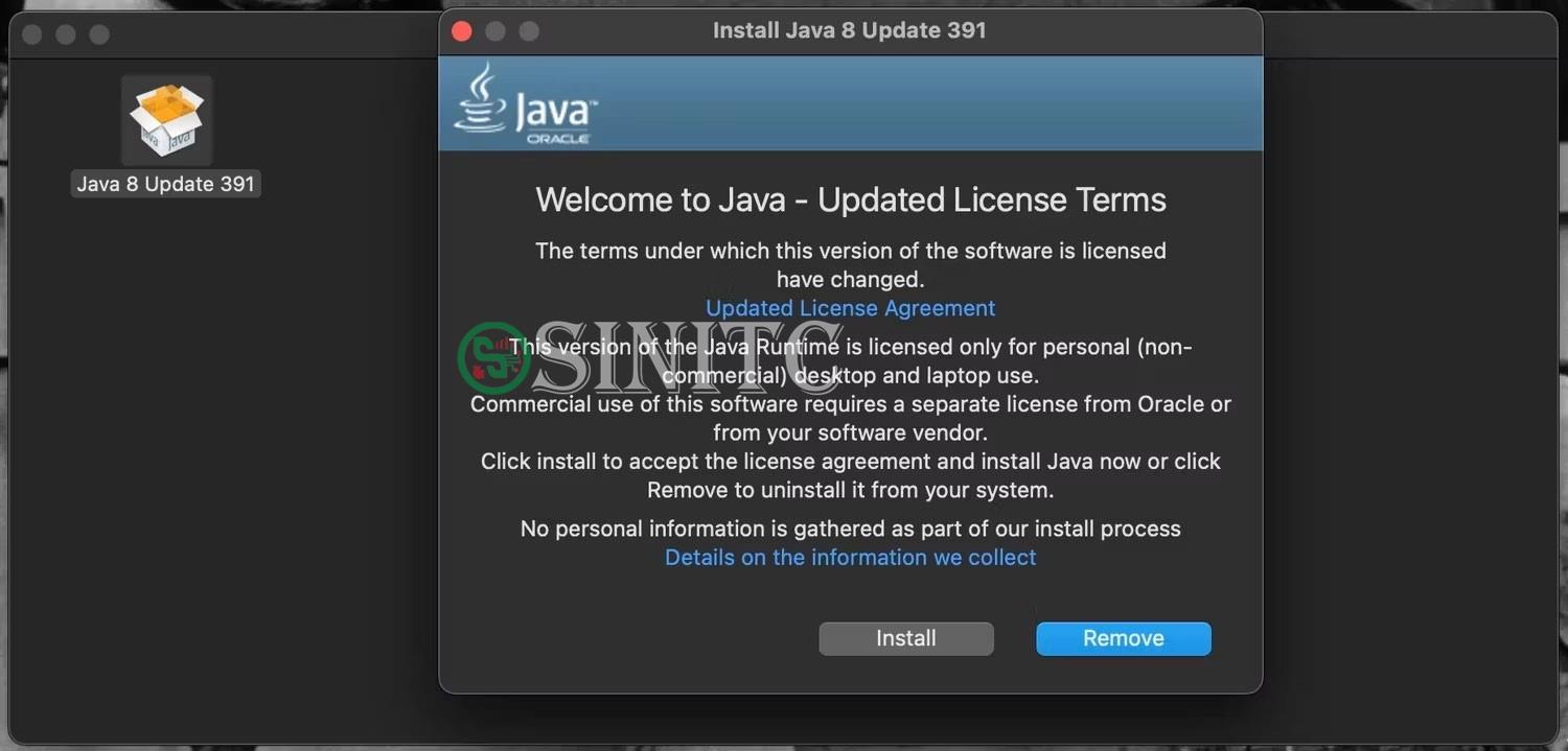 Trình cài đặt Java có sẵn nút gỡ bỏ