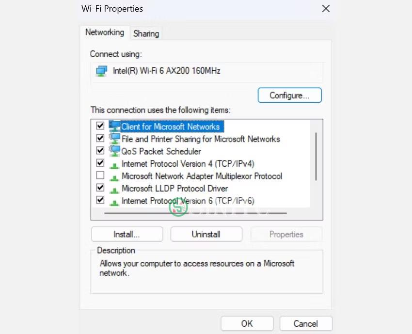 Tab Networking trong Wi-Fi Properties trên PC Windows