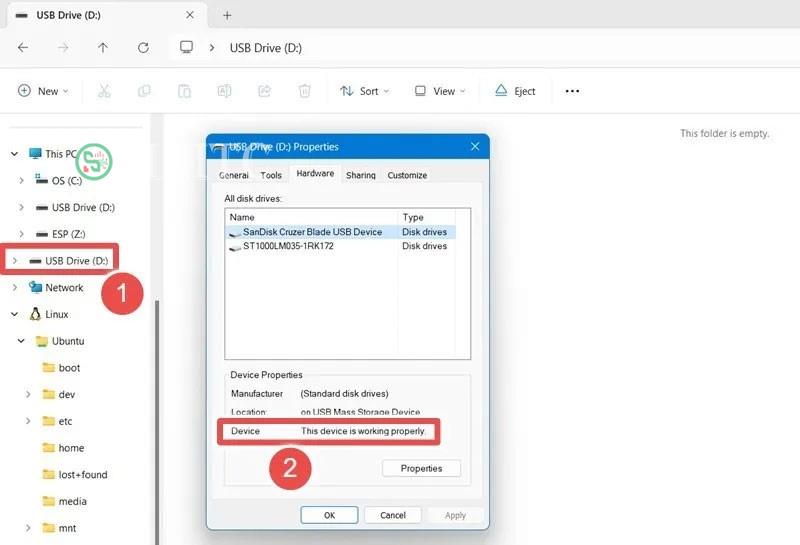 Trạng thái "This device is working properly" được xem trong thuộc tính của ổ USB.