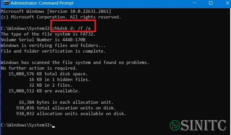 Chkdsk quét ổ USB trong Windows Command Promt.