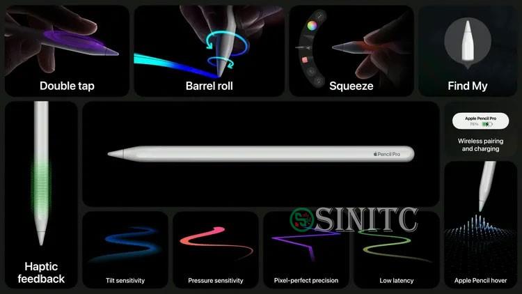 Tổng quan về các tính năng của Apple Pencil Pro, bao gồm cử chỉ bóp giúp truy cập nhanh để chuyển đổi bút vẽ và màu sắc 