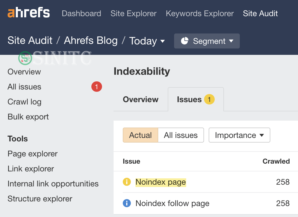 Tìm các trang không được lập chỉ mục trong Site Audit của Ahrefs
