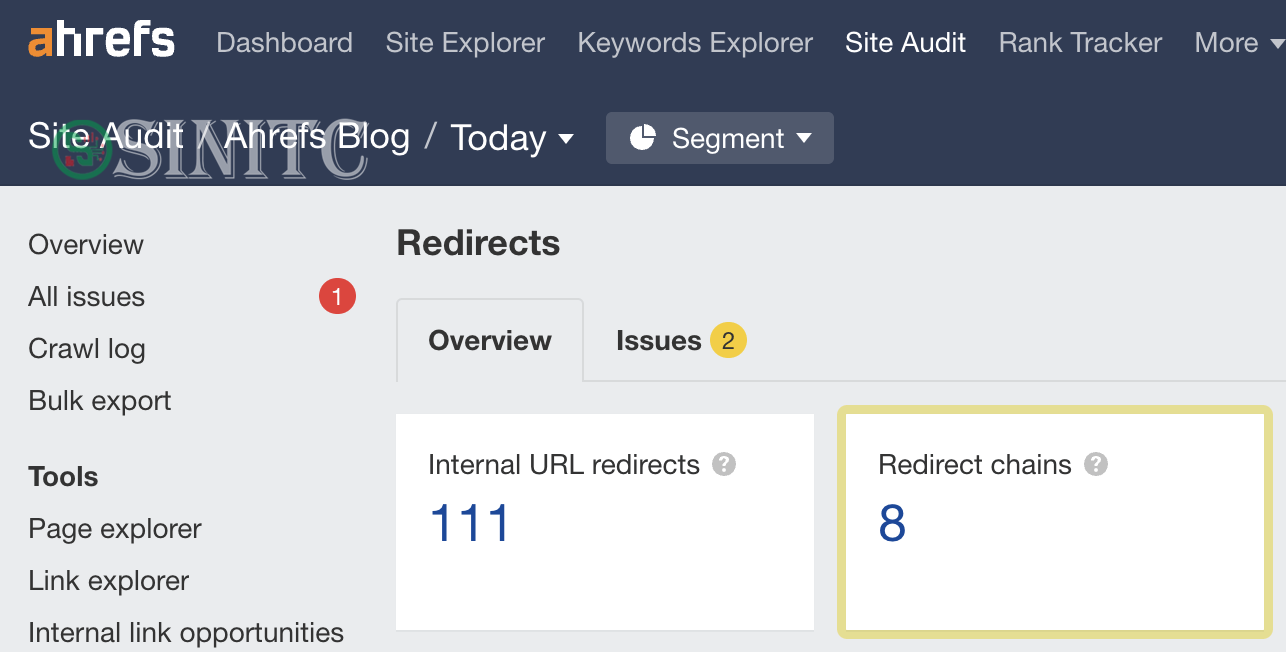 Tìm chuỗi chuyển hướng trong Site Audit của Ahrefs