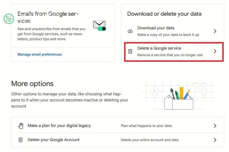 Nhấp vào tùy chọn Delete a Google service trong cài đặt tài khoản Google trên web.