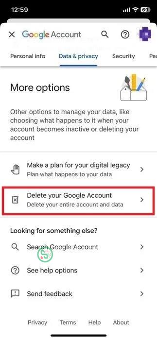 Nhấn vào nút Delete your Google Account trong ứng dụng Gmail iOS.