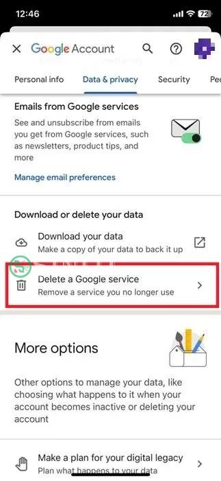 Nhấn vào Delete a Google service trong ứng dụng Gmail dành cho iOS.