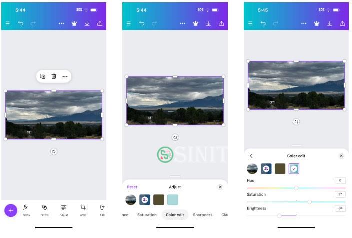 Tính năng Color Edit của ứng dụng Canva với độ bão hòa và độ sáng được thay đổi