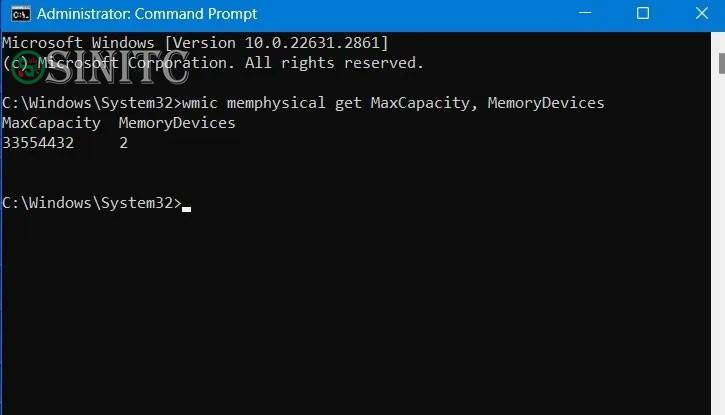 Lệnh MaxCapacity để xác định dung lượng RAM tối đa có thể được cài đặt trên thiết bị Windows