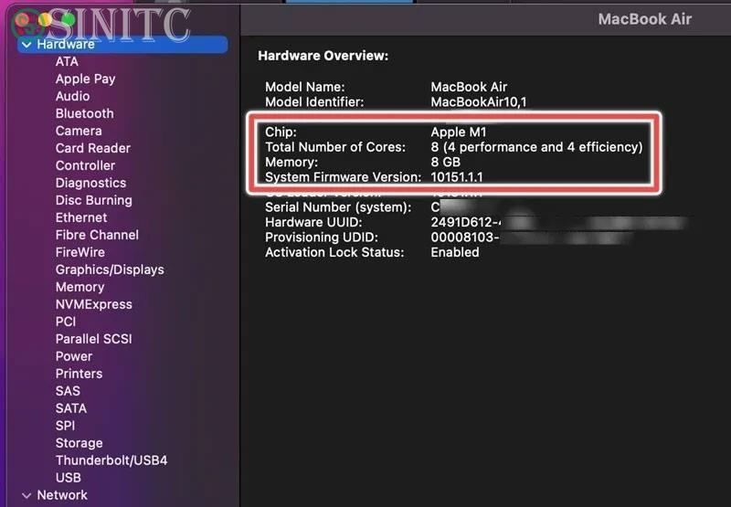 Tổng số lõi trong thiết bị MacBook Air cùng với bộ nhớ tính bằng GB.