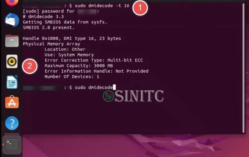 Dung lượng bộ nhớ tối đa của máy Ubuntu sử dụng lệnh dmidecode trong Terminal.