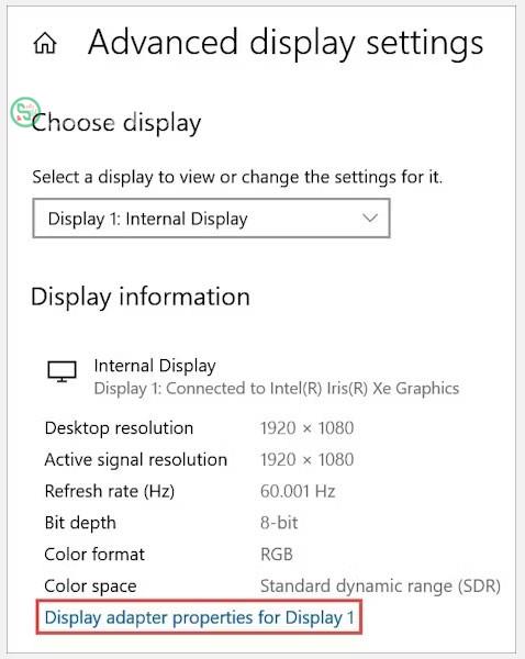 Tùy chọn Display adapter properties for Display 1 trong Advanced display settings